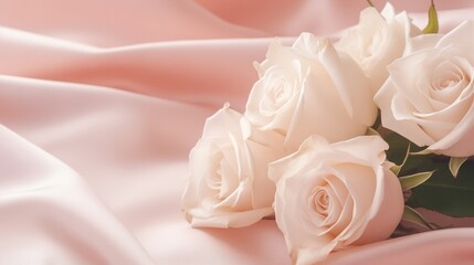 A serene cluster of white roses nestles atop undulating pink satin, their delicate petals exuding an air of romance and softness. Copy space.