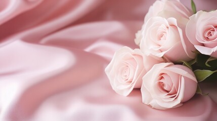 A graceful composition of blushing white roses rests gently on a draped pink satin backdrop, embodying softness and romantic elegance. Copy-space.