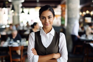 happy indian woman waiter in restaurant, cafe or bar