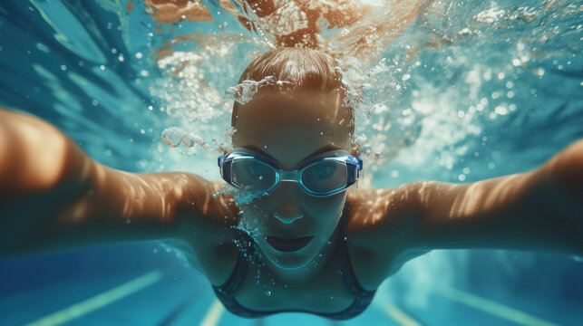 Sports, underwater or woman in swimming pool for competition training, workout or energy. Fitness, female swimmer and fast athlete diving for cardio exercise, championship and race practice at gala.