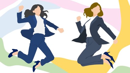 ジャンプして喜ぶ女性2人のイラスト