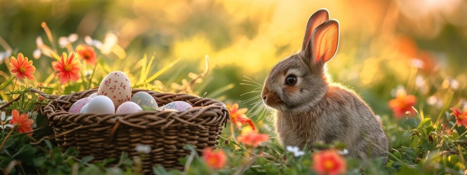 cute little easter bunny sitting near a basket with easter eggs In Flowery Meadow, golden hour, golden hour, sun is shining, banner image