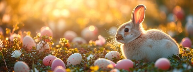 Fototapeta na wymiar cute little easter bunny sitting near easter eggs In Flowery Meadow, golden hour, sun is shining, banner image