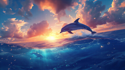 Obraz na płótnie Canvas dolphin jumping out of water in the open sea at sunset