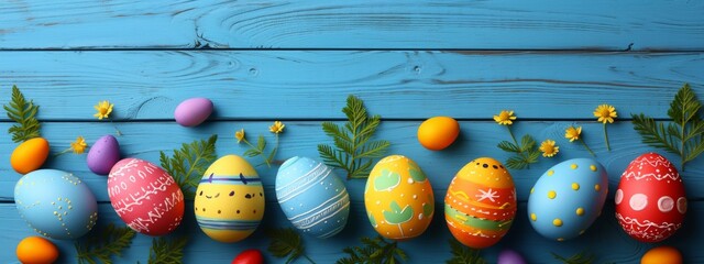 colorful easter eggs on wooden blue background decorated with flowers, Happy Easter banner with copyspace, top view - obrazy, fototapety, plakaty