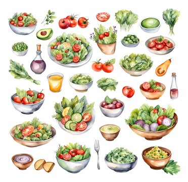Vegetarian meals healthy dishes, watercolour hand drawn clip art isolated set, fresh food diet