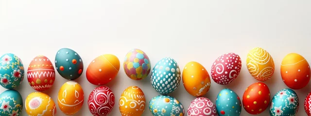 Fototapeten colorful easter eggs on white studio background, banner with copyspace, top view © Anastasia YU