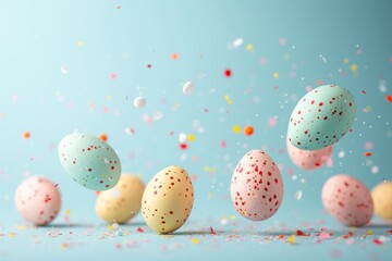colorful easter eggs flying on pastel blue studio background, Happy Easter postcard with colorful eggs, easter celebration postcard, front view