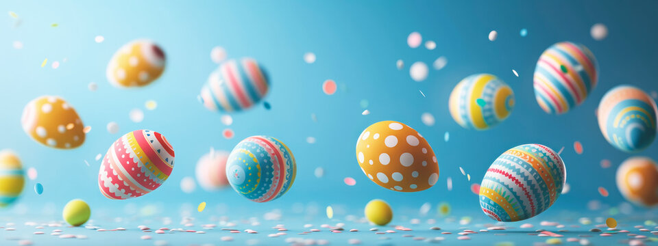 colorful easter eggs flying on pastel blue studio background, banner image