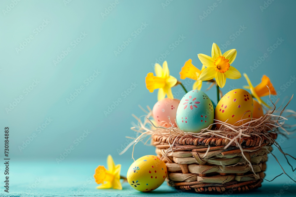 Sticker colorful easter eggs in a basket with daffodils on pastel blue background, Happy Easter postcard with colorful eggs, easter celebration postcard, copyspace, front view