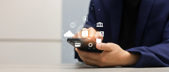 close up customer man hand hold smartphone and access to private account on internet to checking data and protection for iot with cyber security and digital authentication concept