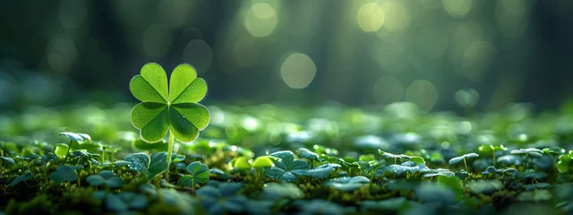 Foto op Plexiglas Closeup of green four leaf clover. Clover leaves nature background. St Patrick Day holiday symbol. Backdrop for design card, invitation, banner, poster © ratatosk