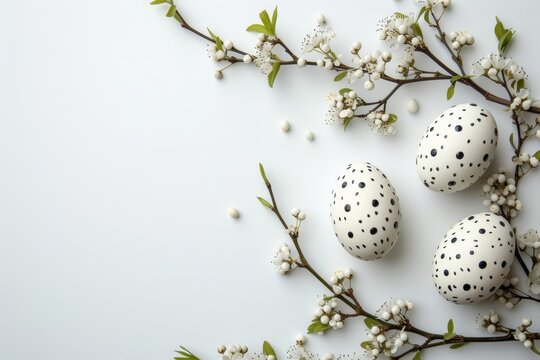 white easter eggs with black decoration and willow branches on a white studio background, Happy Easter postcard with minimalistic decoration, easter celebration postcard, copyspace, top view