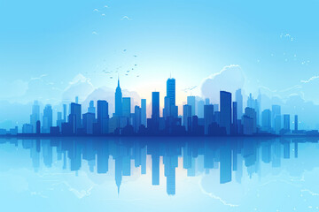 Obraz premium Blue cityscape background. Flat style vector illustration.