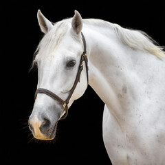 White arabian horse isolated over a white background with clipping path. Full Depth of field. Focus stacking.
