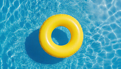 yellow swimming pool ring float in blue water. concept summer background, top view with copyspace - Powered by Adobe