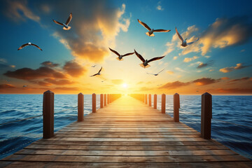 
The wooden dock sits with birds flying above it, in the style of glowing seascapes, colorful composition, light sky blue and dark amber.

 - Powered by Adobe