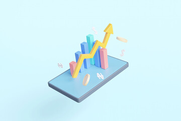 3D rendered illustration of a financial business concept about online investing via a convenient phone, decorated with a stock graph with an ascending arrow and gold coins, a dollar. For articles