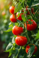 Vibrant red tomatoes hanging from lush, green vines, promising a delicious harvest