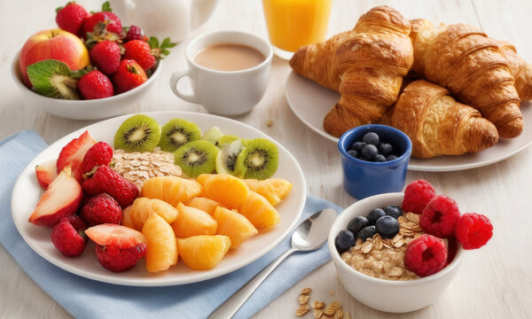 Healthy morning breakfast is on table. Top view. Oatmeal, fruit, Victoria, natural juice, blueberries, croissants. Colorful photography.