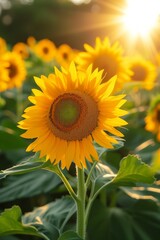 Obraz premium Sun-kissed sunflowers reaching for the sky, radiating warmth and cheerfulness