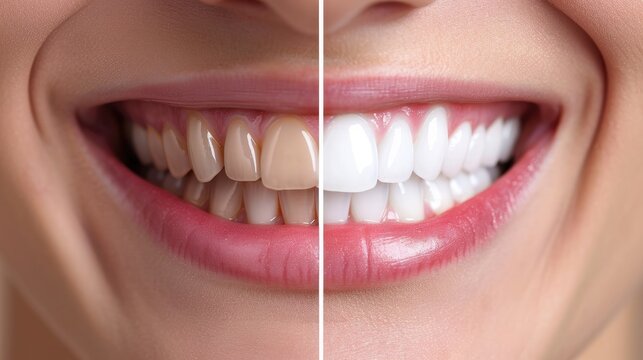 Perfect smile before and after bleaching procedure whitening of zircon arch ceramic prothesis Implants crowns. Dental restoration treatment clinic patient. Result of oral surgery dentistry,