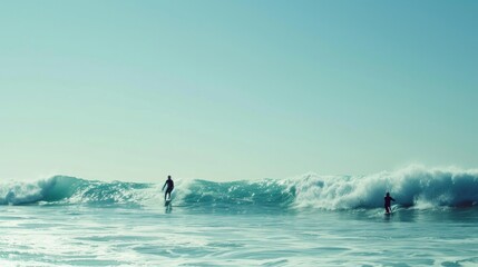 Thrill-seekers ride the waves, framed by a backdrop of endless ocean