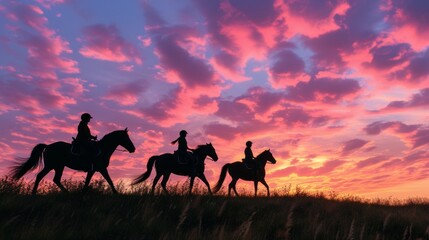 Fototapeta na wymiar Horses silhouetted against a colorful, twilight sky embark on an evening ride