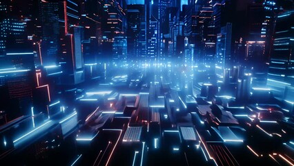 Digital matrix of glowing lightning blue lines and nodes suggests high speed data transfer. Futuristic network technology concept - Powered by Adobe