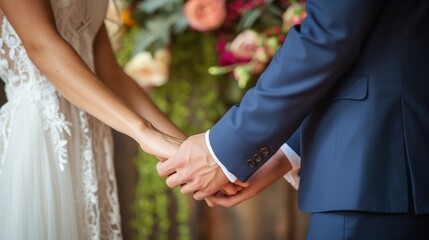 Fingers entwined, they exchange vows, framed by a rustic, romantic backdrop