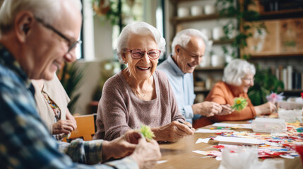 Card-making joy: seniors crafting artistic creations,  surrounded by laughter - obrazy, fototapety, plakaty