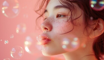 woman blowing bubbles on pink background
