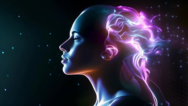 Woman female person head with a transparent cranium revealing a lit glowing sparkling neural network in her mind. Futuristic artificial intelligence concept