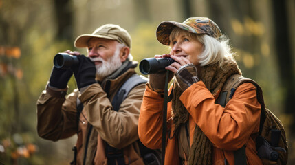 Birdwatching buddies: seniors with binoculars,  spotting feathered friends together