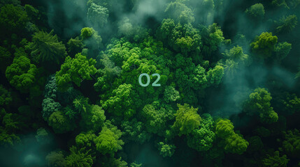 Icons representing the ecosystem to release oxygen, there is an O2 symbol in the middle of a beautiful forest.