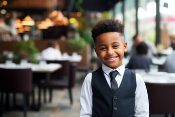 happy african american child boy waiter in restaurant, cafe or bar