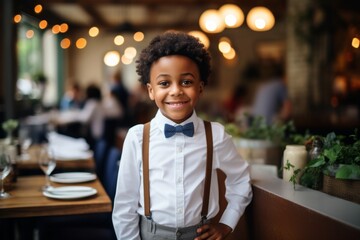 happy african american child boy waiter in restaurant, cafe or bar - obrazy, fototapety, plakaty