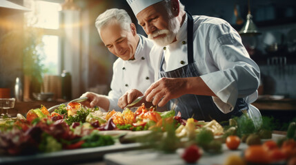 Senior chefs at work,  crafting culinary delights and savoring the results