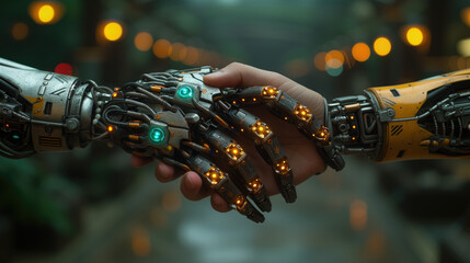 Hands of robot and robot touching on big data network connection, Data exchange, deep learning, Science and artificial intelligence technology, innovation of futuristic.
