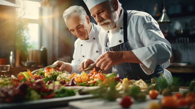 Senior chefs at work,  crafting culinary delights and savoring the results