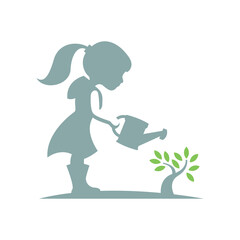 little girl watering the plants logo design concept
