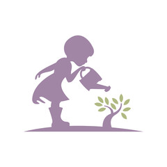 little girl watering the plants at sunrise logo design concept isolated on a white background