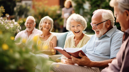 Book club bliss: seniors discussing literature,  surrounded by good company