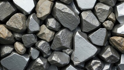 Image of assorted silver-grey rocks with a matte finish, tightly packed to form a seamless texture with noticeable variations in size and shape, creating a monochromatic, rugged appearance. - Powered by Adobe