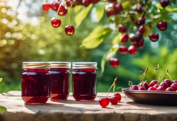 Close-up di Marmellata di Ciliegie e Ciliegie Fresche nei Barattoli, sullo Sfondo di un Giardino Luminoso e Naturale