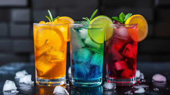 Colorful set of cocktails. Cocktails assortment served on dark background. Classic drink menu concept. Chilled and tantalizing. Colorful cocktails with ice. summer delights