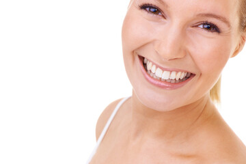 Obraz premium Woman, studio and portrait with smile, teeth and beauty for dental, skincare and face. Model, happy and natural for health, wellness and aesthetic with self care, white background and confidence