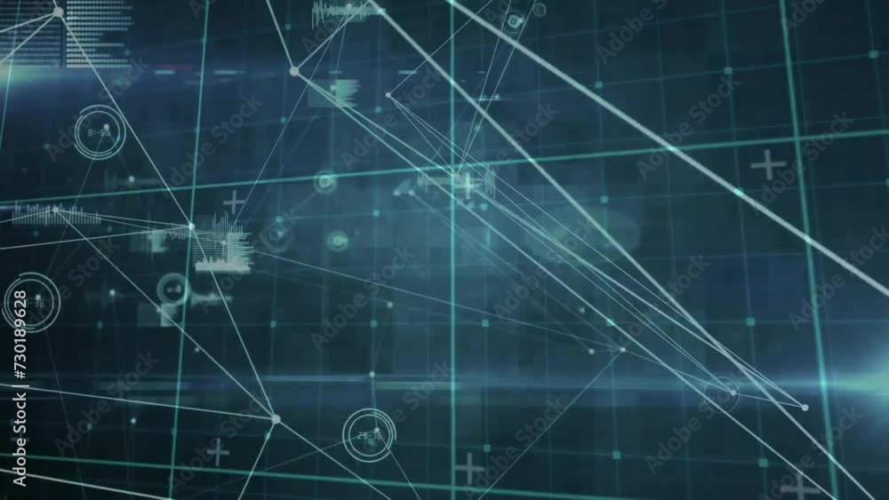 Poster animation of network of connections and data processing over dark background