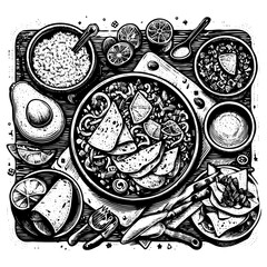 Square plate with vegetables and sauces, nachos, top view, black and white illustration
