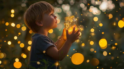 A little boy catching fireflies in a jar on a warm summer evening, surrounded by twinkling lights
